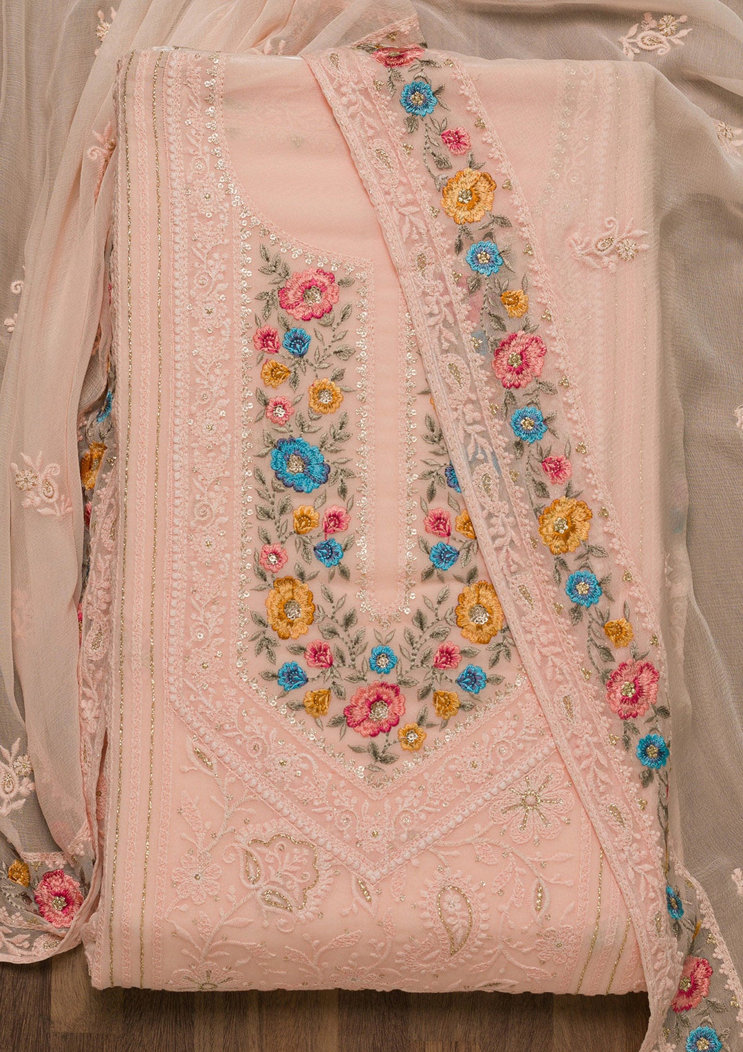 Peach Threadwork Georgette Unstitched Salwar Suit-Koskii