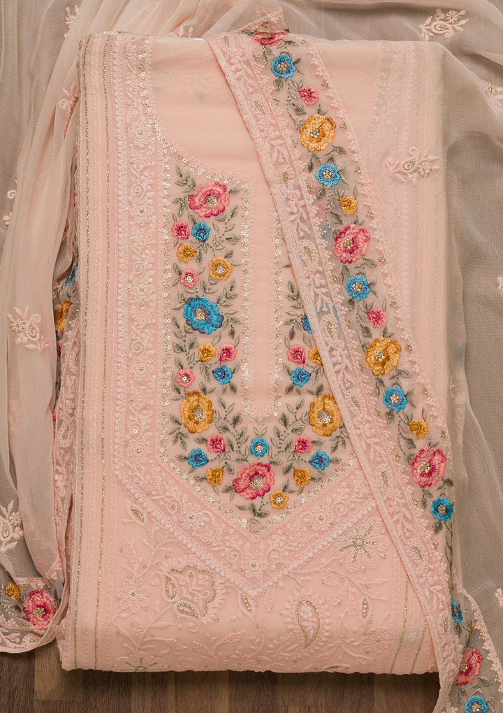 Peach Threadwork Georgette Unstitched Salwar Suit-Koskii