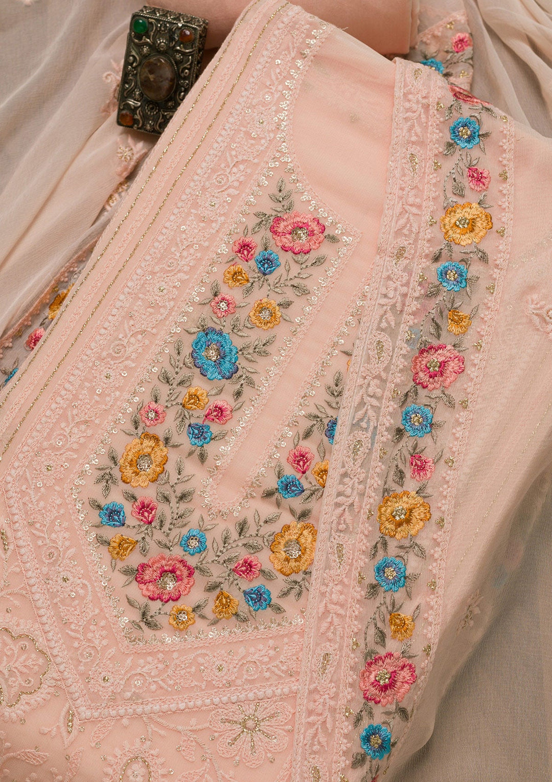 Peach Threadwork Georgette Unstitched Salwar Suit-Koskii