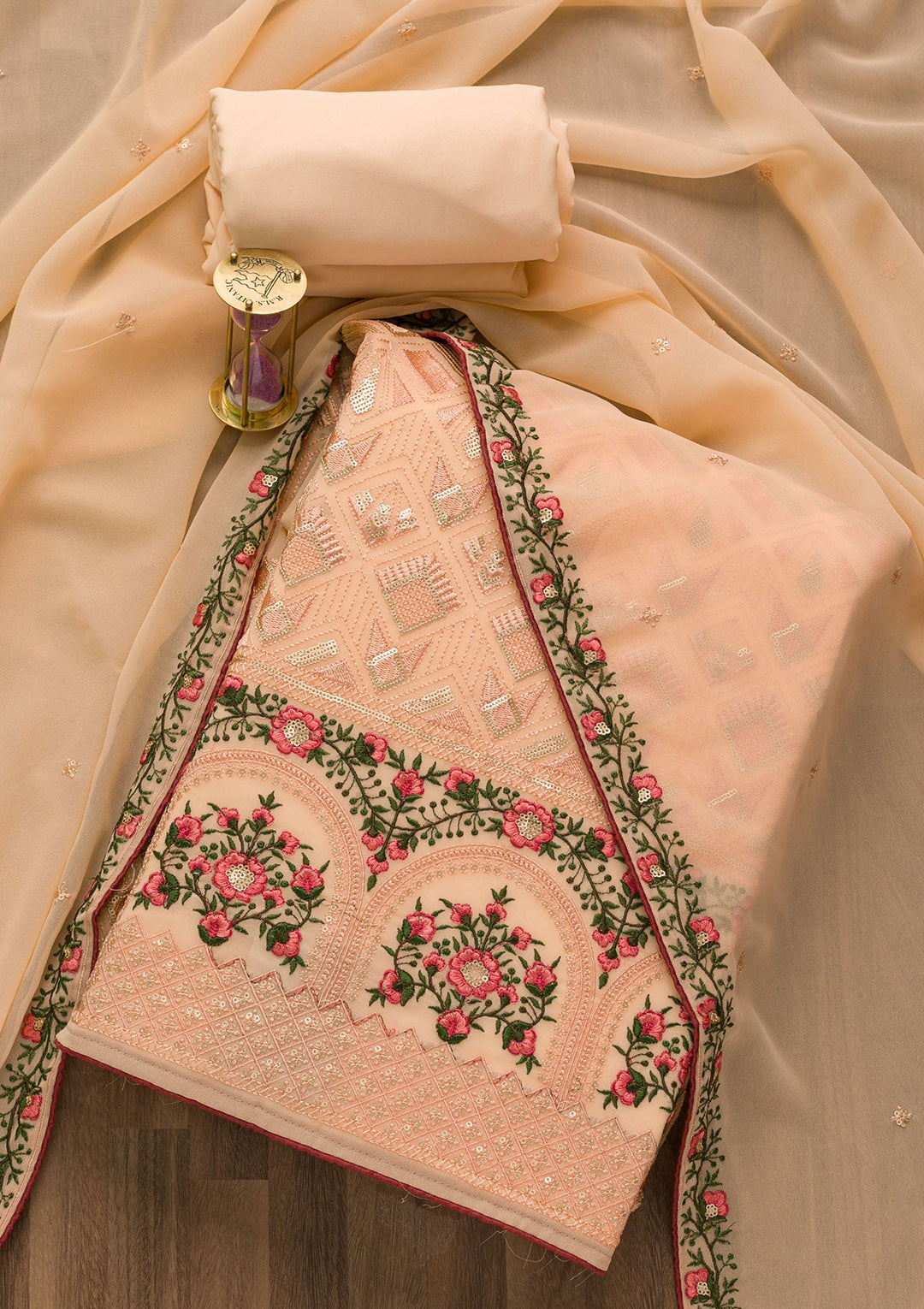Peach Threadwork Georgette Unstitched Salwar Suit-Koskii