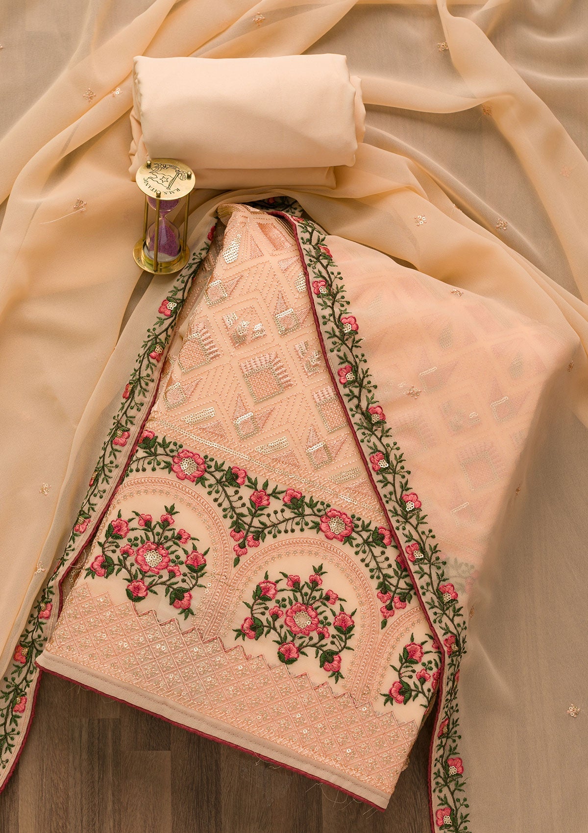 Peach Threadwork Georgette Unstitched Salwar Suit-Koskii