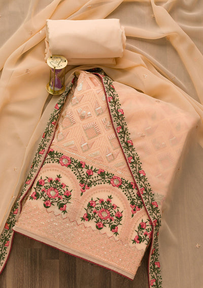 Peach Threadwork Georgette Unstitched Salwar Suit-Koskii