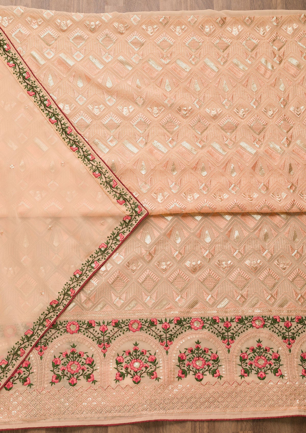 Peach Threadwork Georgette Unstitched Salwar Suit-Koskii