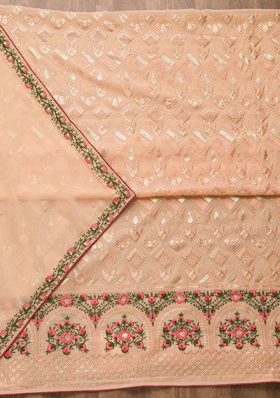 Peach Threadwork Georgette Unstitched Salwar Suit-Koskii