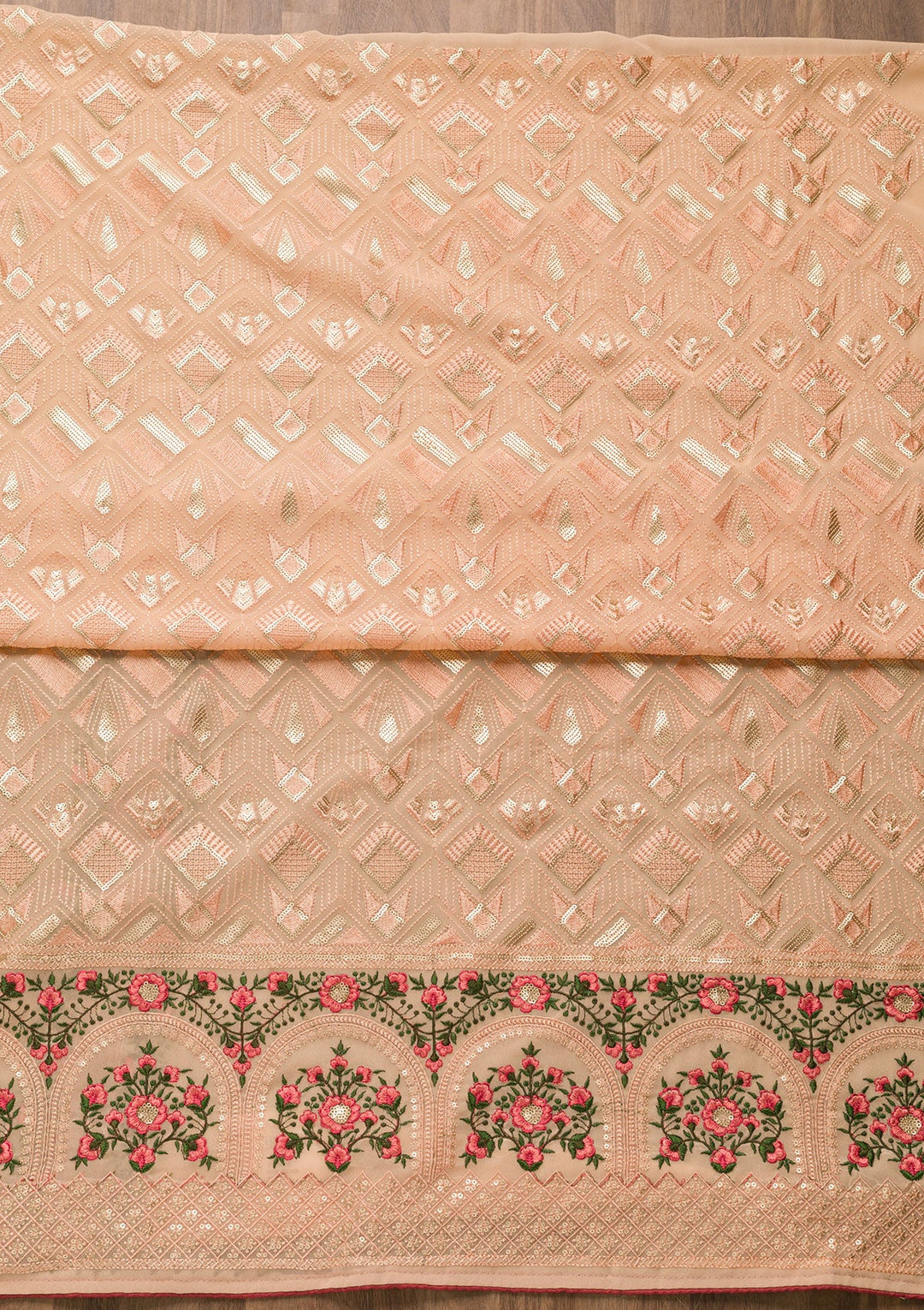 Peach Threadwork Georgette Unstitched Salwar Suit-Koskii