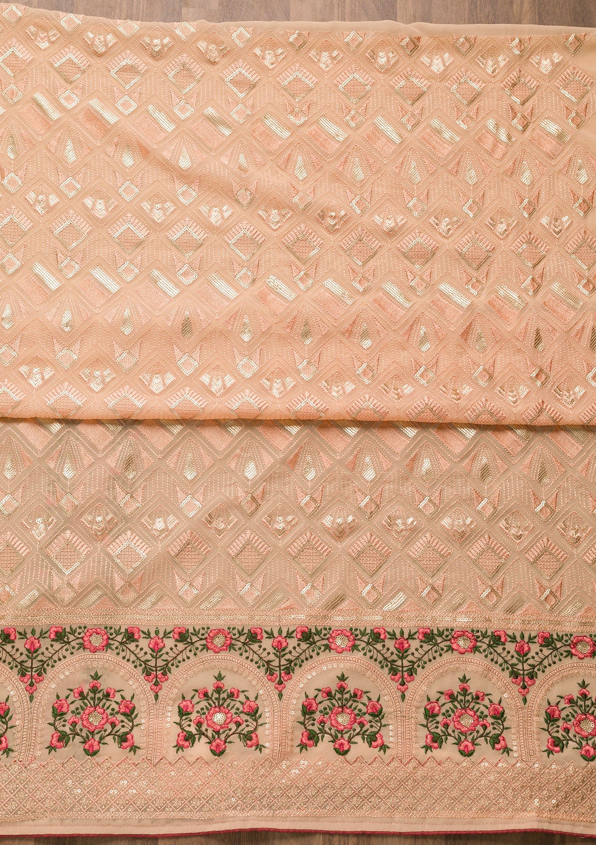 Peach Threadwork Georgette Unstitched Salwar Suit-Koskii