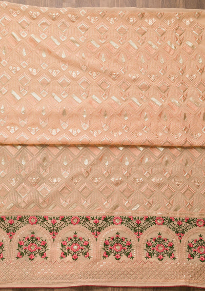 Peach Threadwork Georgette Unstitched Salwar Suit-Koskii