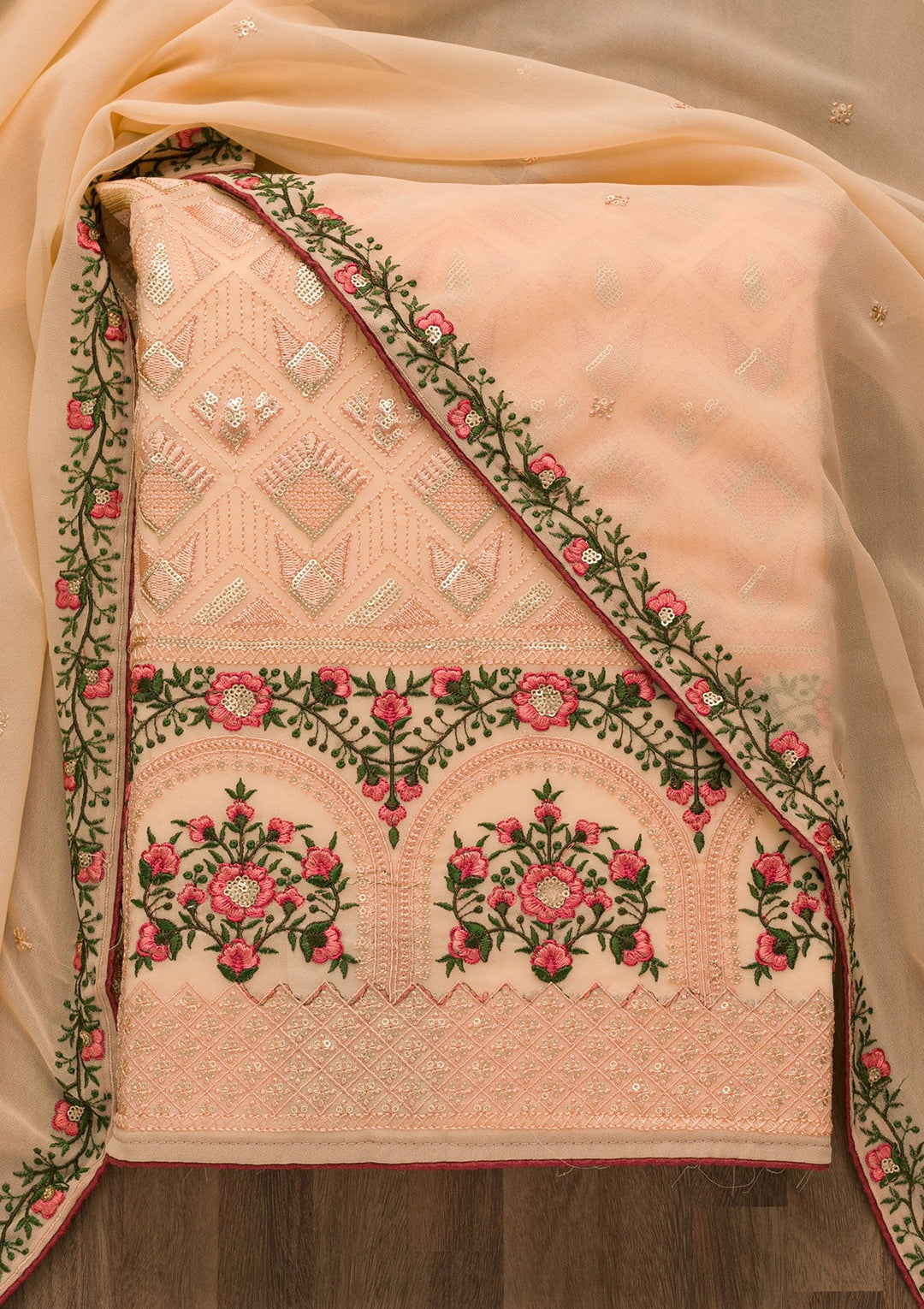 Peach Threadwork Georgette Unstitched Salwar Suit-Koskii