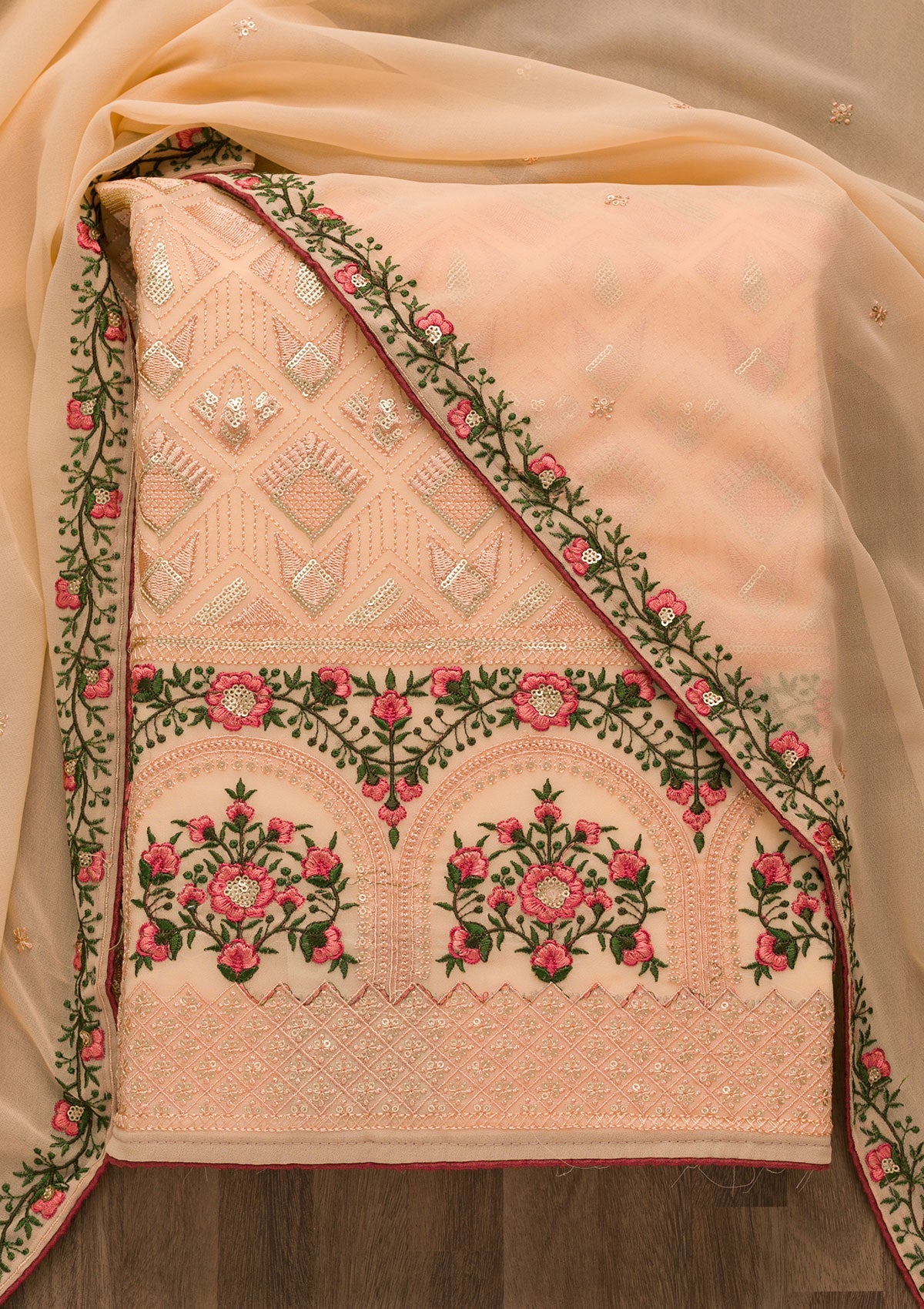Peach Threadwork Georgette Unstitched Salwar Suit-Koskii