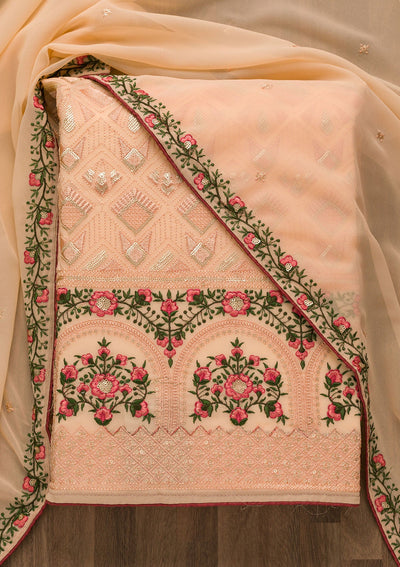 Peach Threadwork Georgette Unstitched Salwar Suit-Koskii