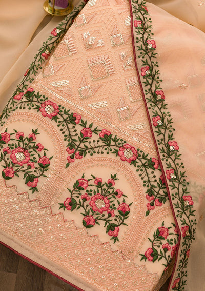Peach Threadwork Georgette Unstitched Salwar Suit-Koskii