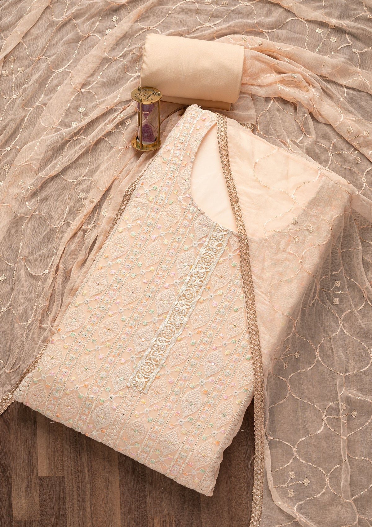 Peach Threadwork Georgette Unstitched Salwar Suit-Koskii