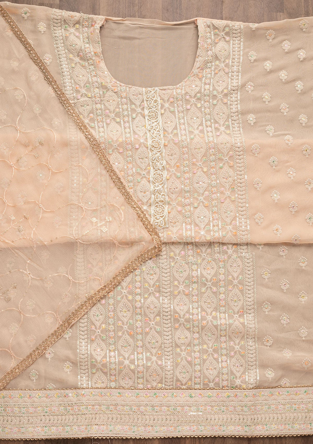 Peach Threadwork Georgette Unstitched Salwar Suit-Koskii