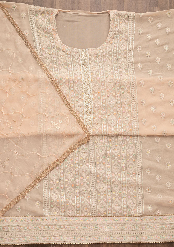 Peach Threadwork Georgette Unstitched Salwar Suit-Koskii