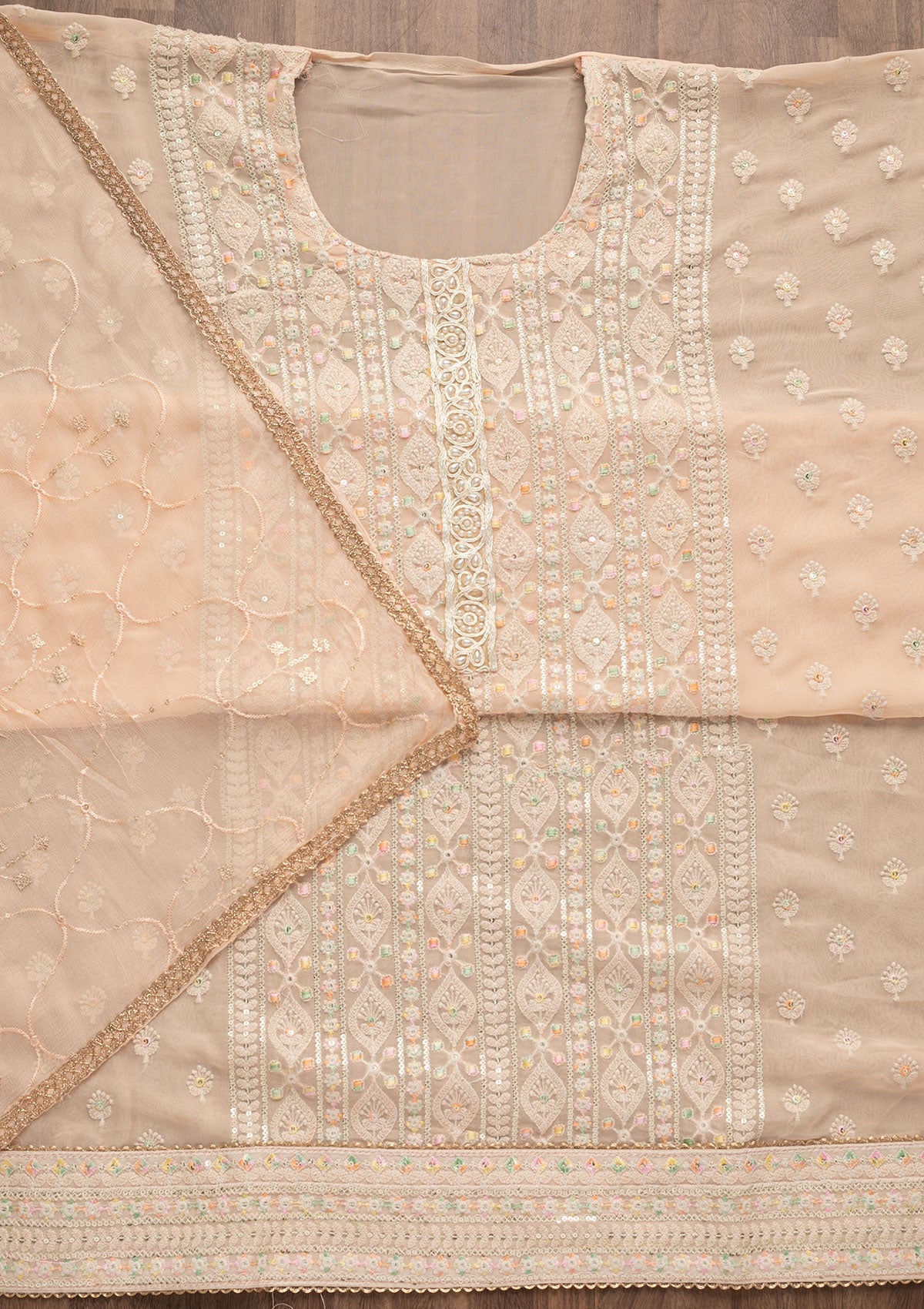Peach Threadwork Georgette Unstitched Salwar Suit-Koskii