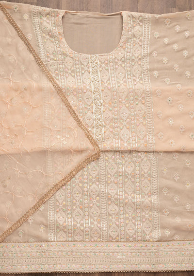 Peach Threadwork Georgette Unstitched Salwar Suit-Koskii