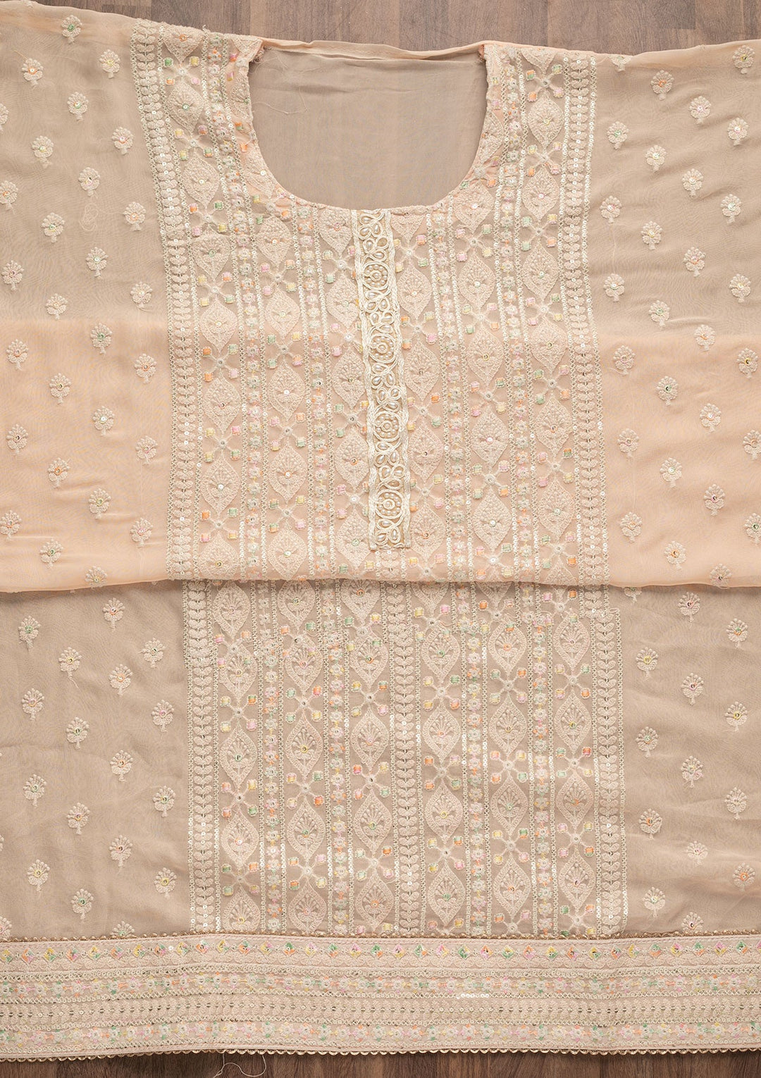 Peach Threadwork Georgette Unstitched Salwar Suit-Koskii