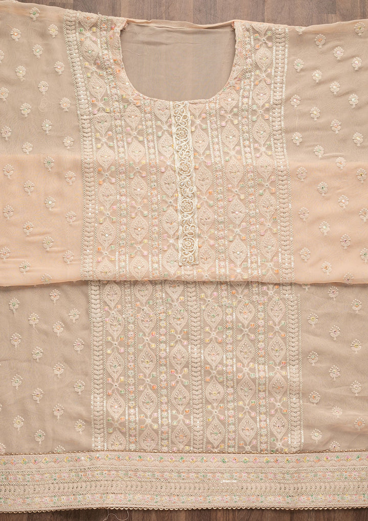 Peach Threadwork Georgette Unstitched Salwar Suit-Koskii