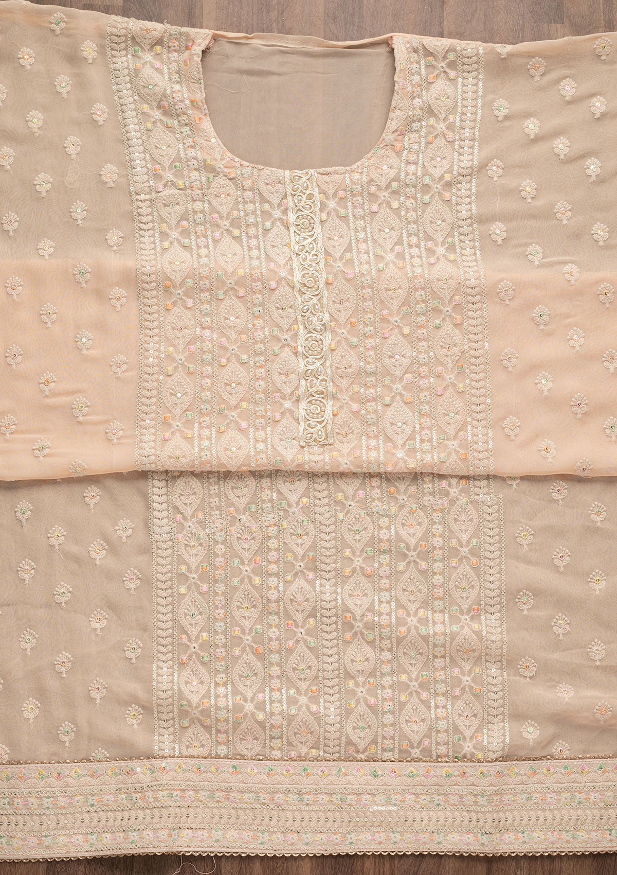 Peach Threadwork Georgette Unstitched Salwar Suit-Koskii