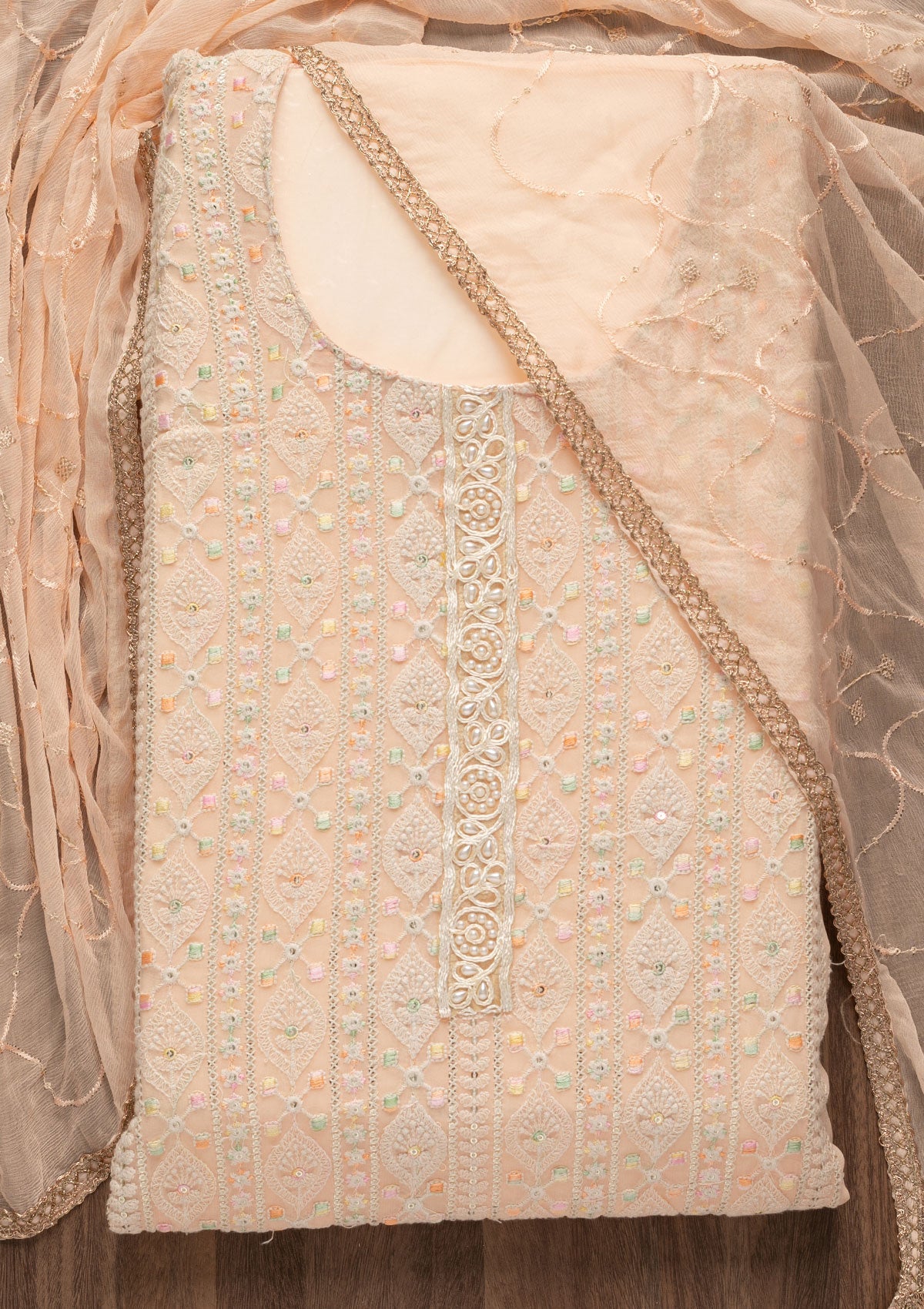 Peach Threadwork Georgette Unstitched Salwar Suit-Koskii