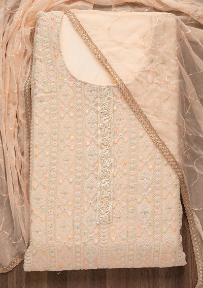 Peach Threadwork Georgette Unstitched Salwar Suit-Koskii