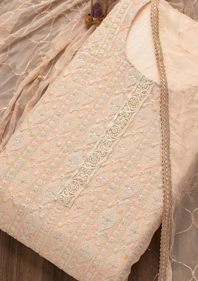 Peach Threadwork Georgette Unstitched Salwar Suit-Koskii