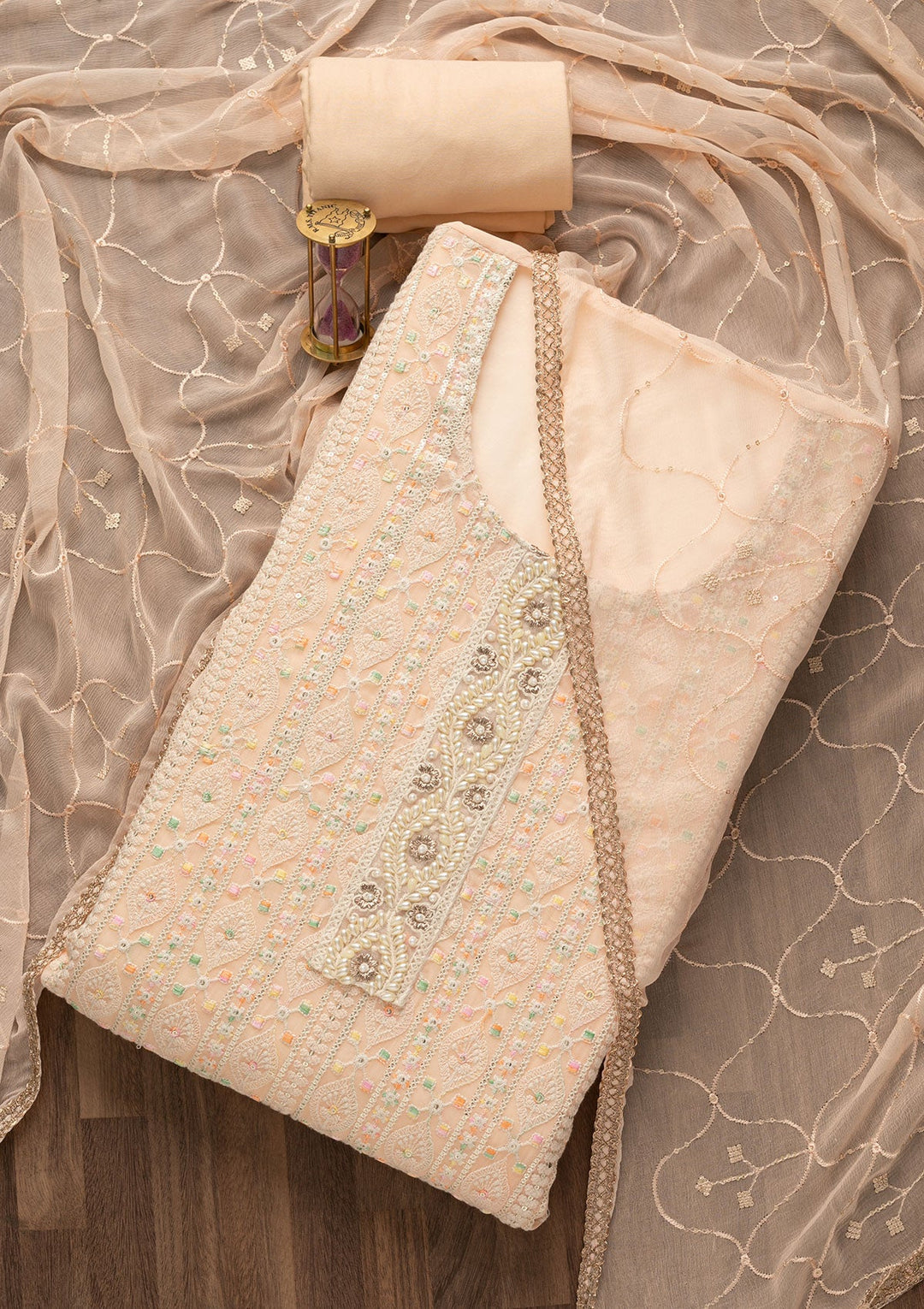 Peach Threadwork Georgette Unstitched Salwar Suit-Koskii
