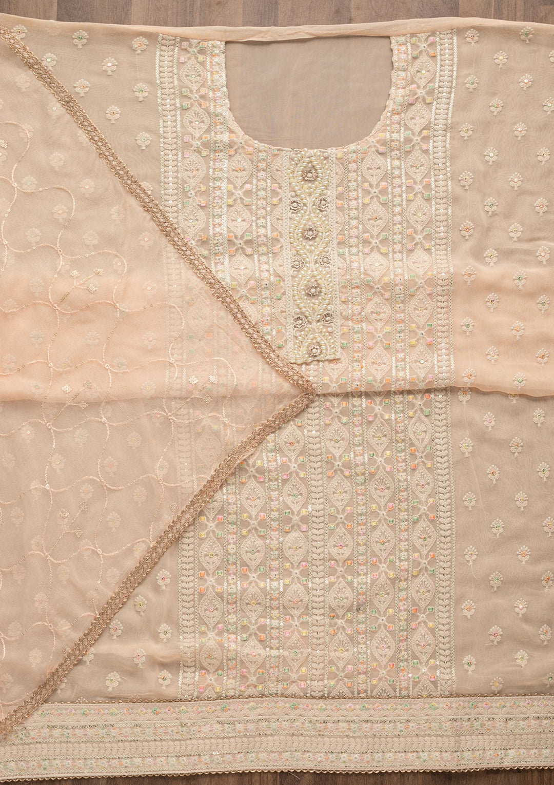 Peach Threadwork Georgette Unstitched Salwar Suit-Koskii