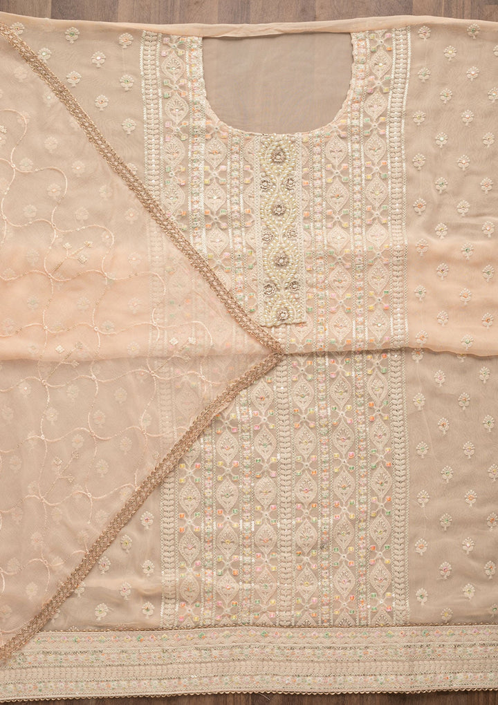 Peach Threadwork Georgette Unstitched Salwar Suit-Koskii