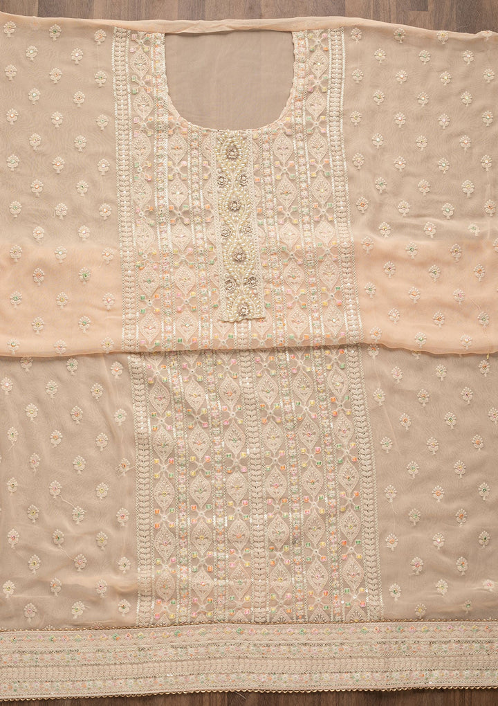 Peach Threadwork Georgette Unstitched Salwar Suit-Koskii