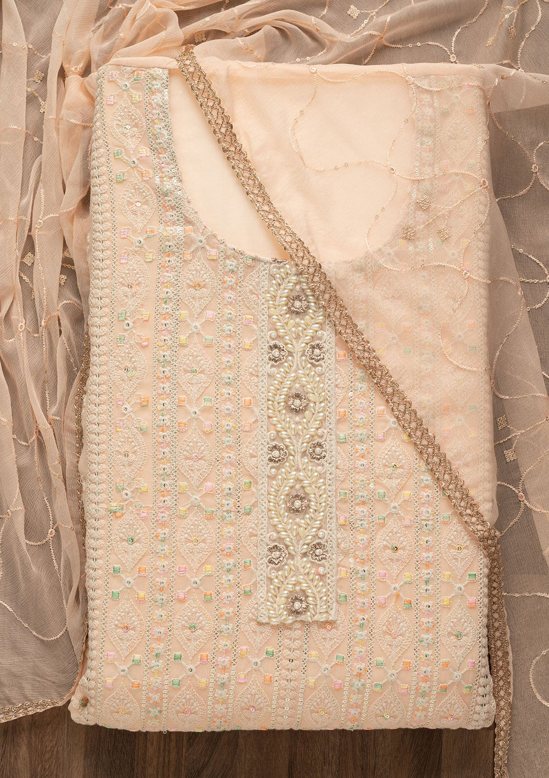 Peach Threadwork Georgette Unstitched Salwar Suit-Koskii