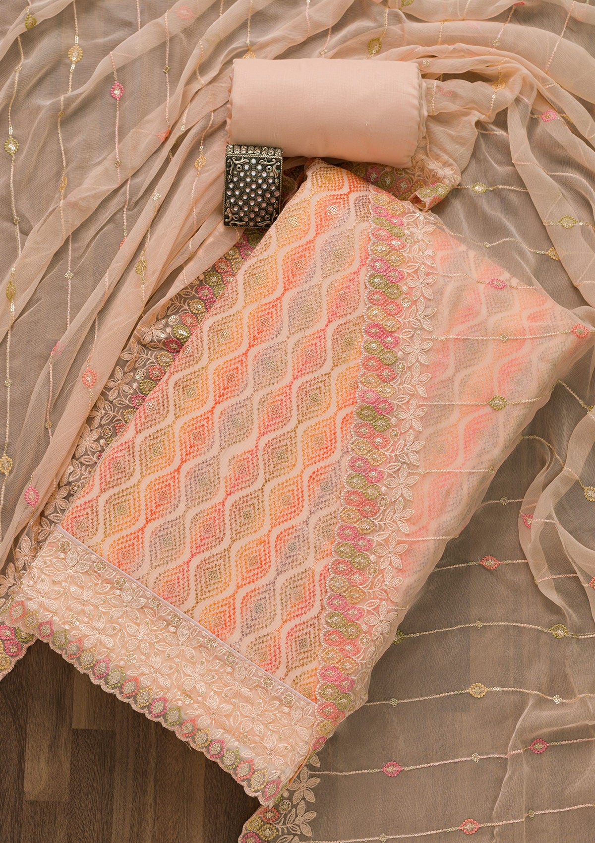 Peach Threadwork Georgette Unstitched Salwar Suit-Koskii