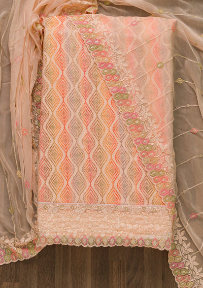 Peach Threadwork Georgette Unstitched Salwar Kameez-Koskii