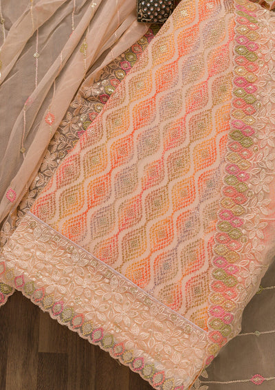 Peach Threadwork Georgette Unstitched Salwar Kameez-Koskii