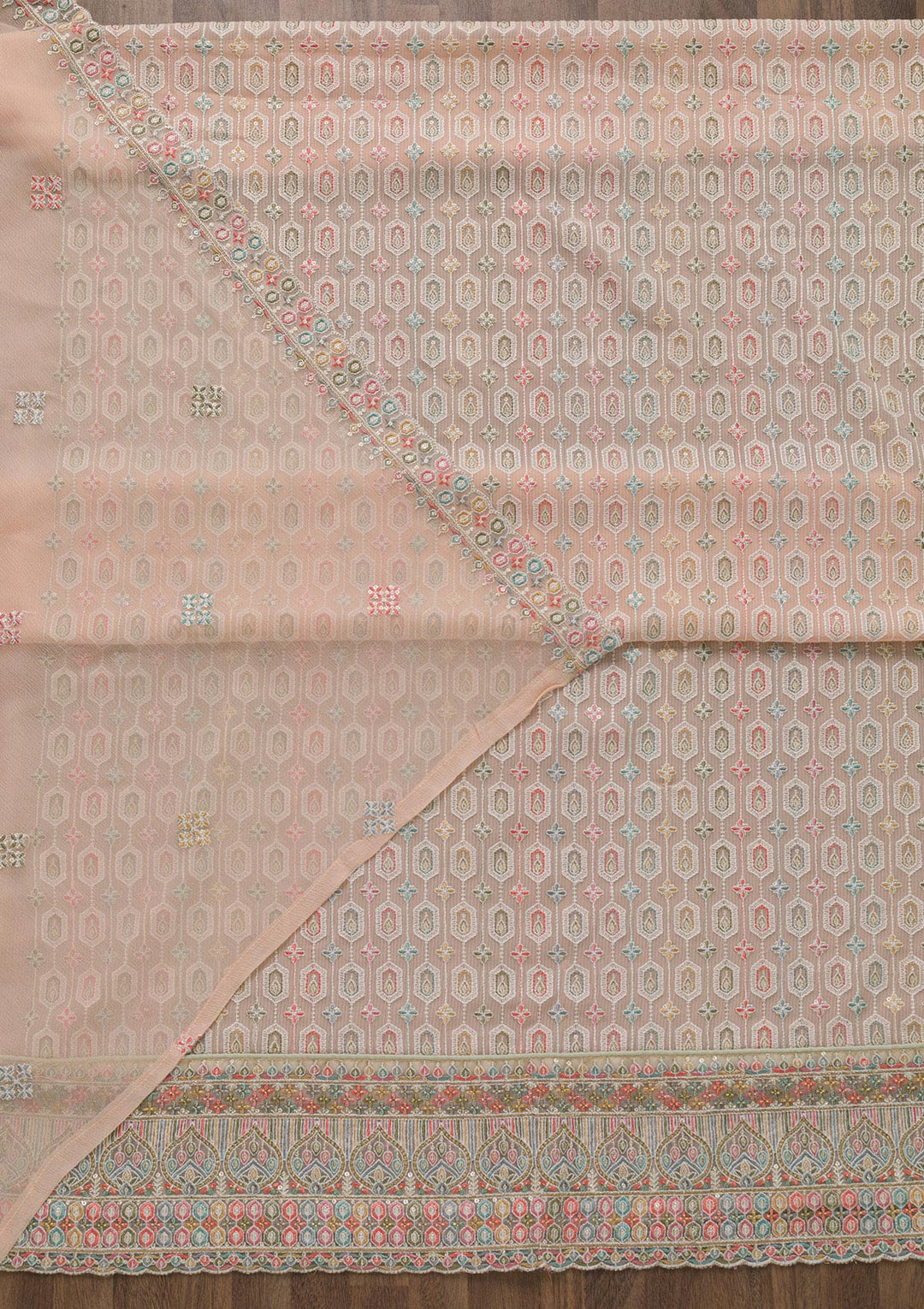 Peach Threadwork Georgette Unstitched Salwar Kameez-Koskii