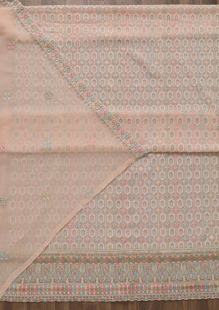 Peach Threadwork Georgette Unstitched Salwar Kameez-Koskii