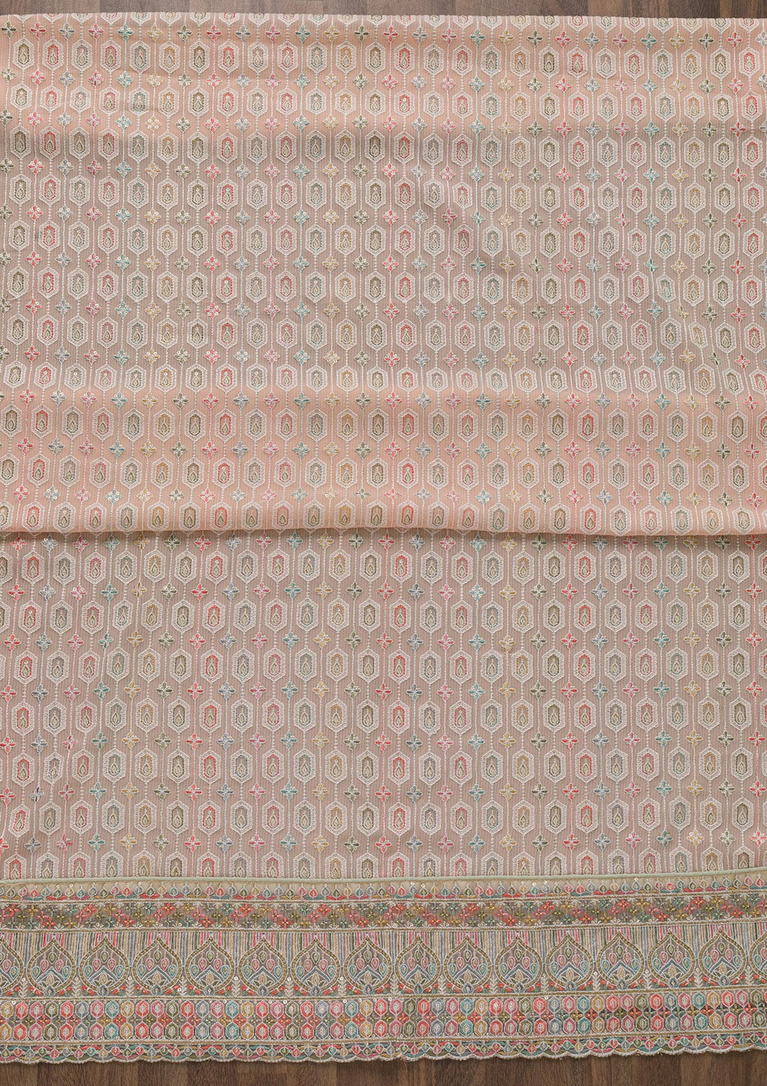 Peach Threadwork Georgette Unstitched Salwar Kameez-Koskii