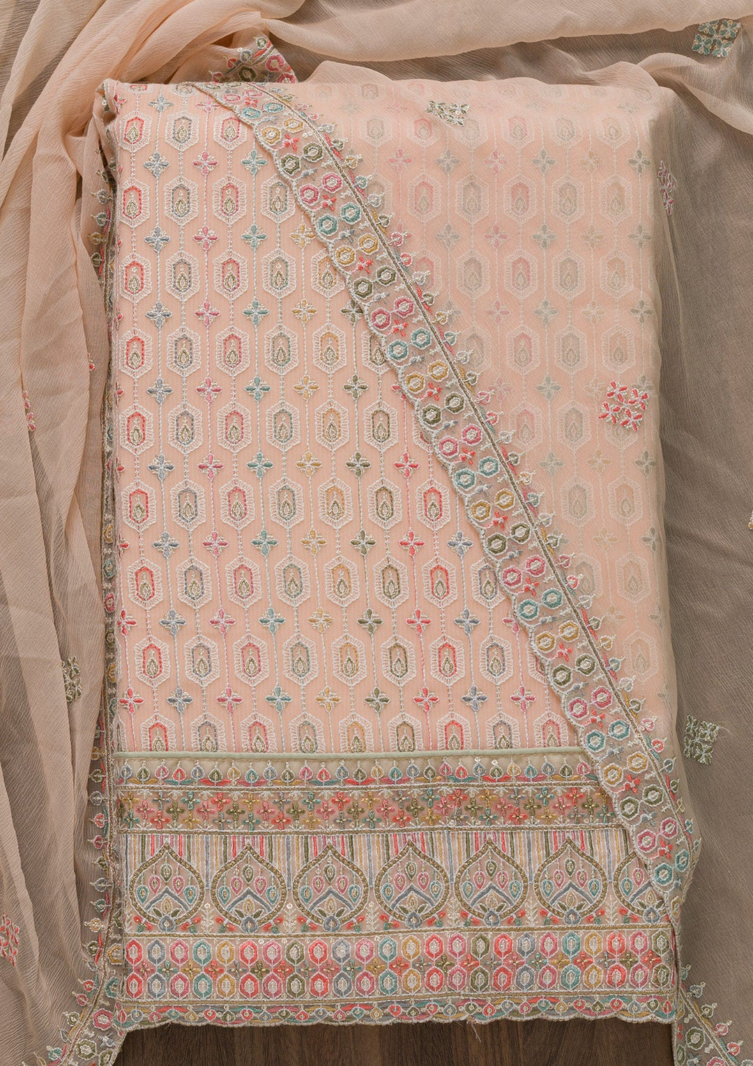 Peach Threadwork Georgette Unstitched Salwar Kameez-Koskii