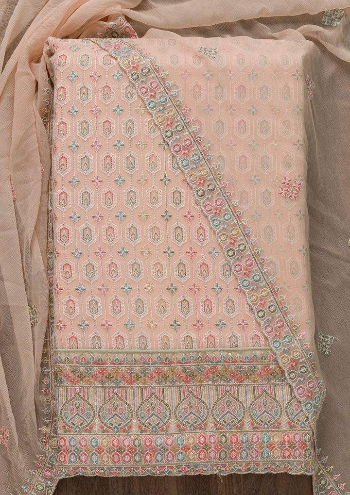 Peach Threadwork Georgette Unstitched Salwar Kameez-Koskii