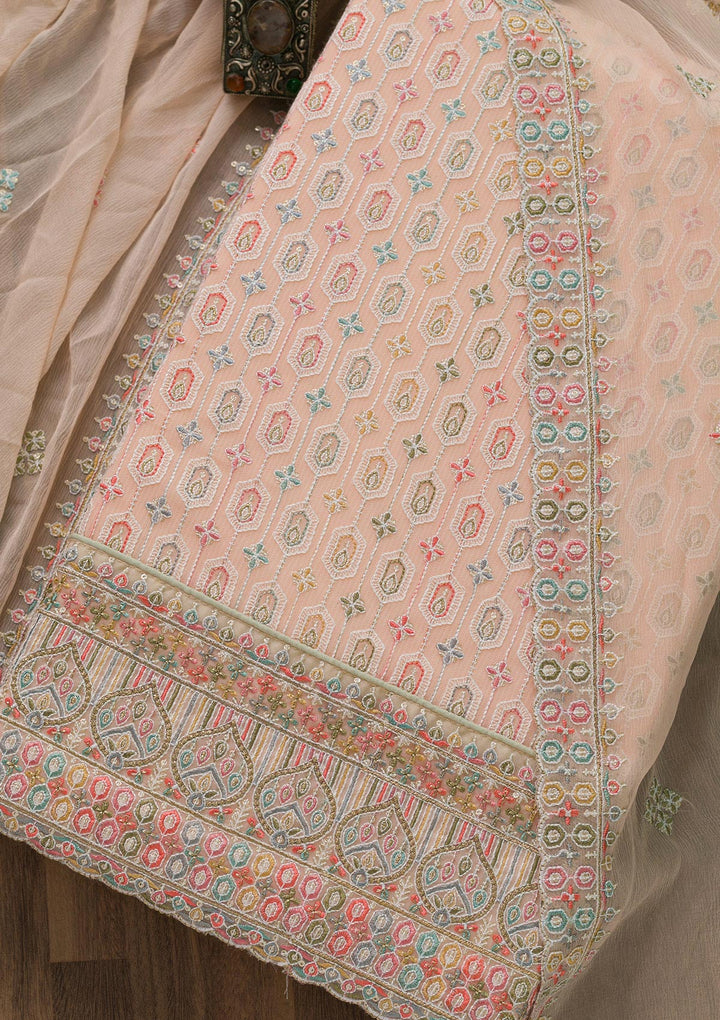 Peach Threadwork Georgette Unstitched Salwar Kameez-Koskii