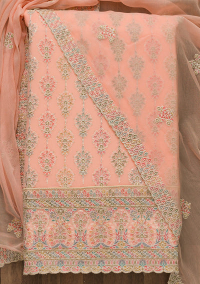 Peach Threadwork Georgette Unstitched Salwar Suit-Koskii