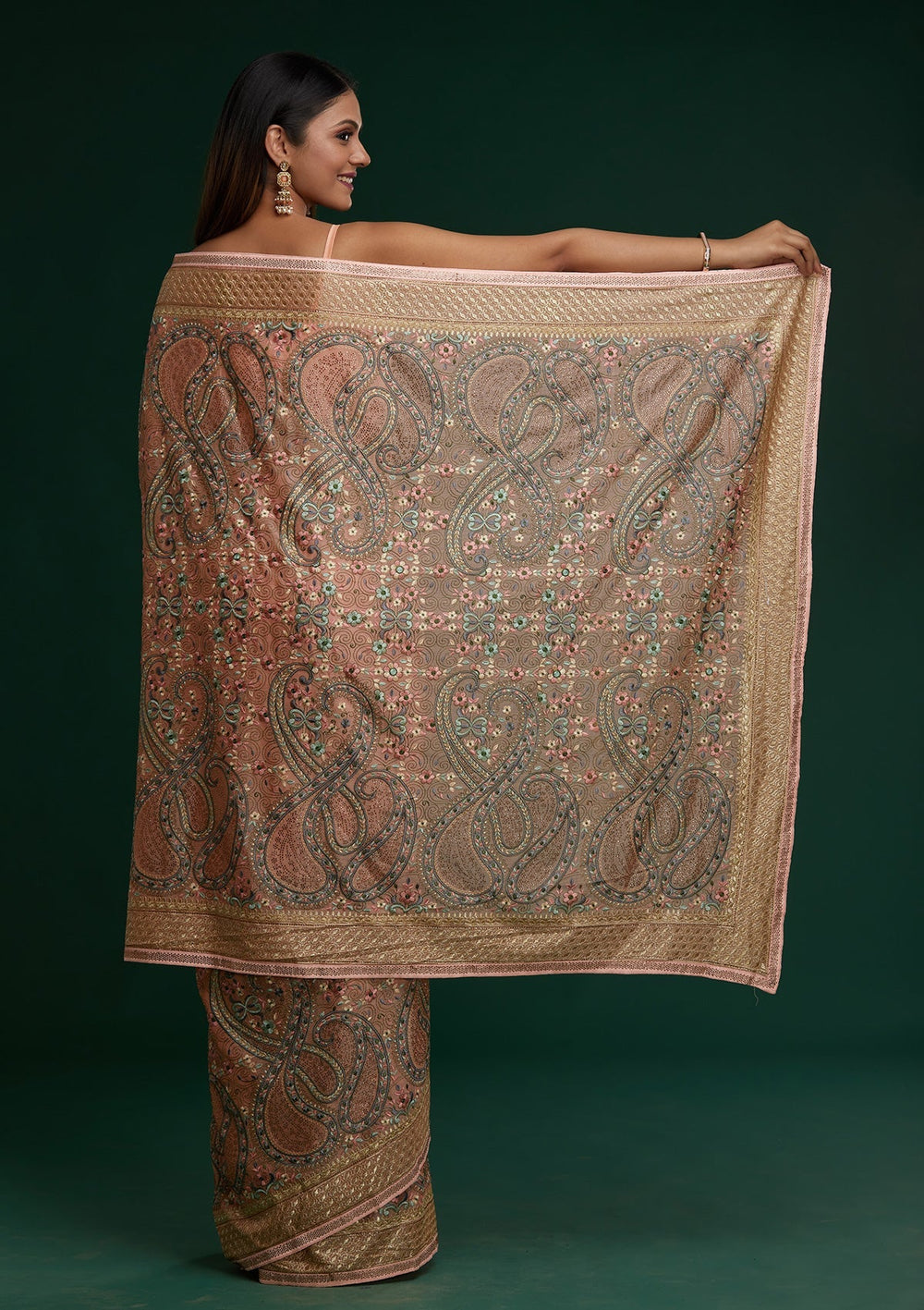 Peach Threadwork Georgette Saree - Koskii