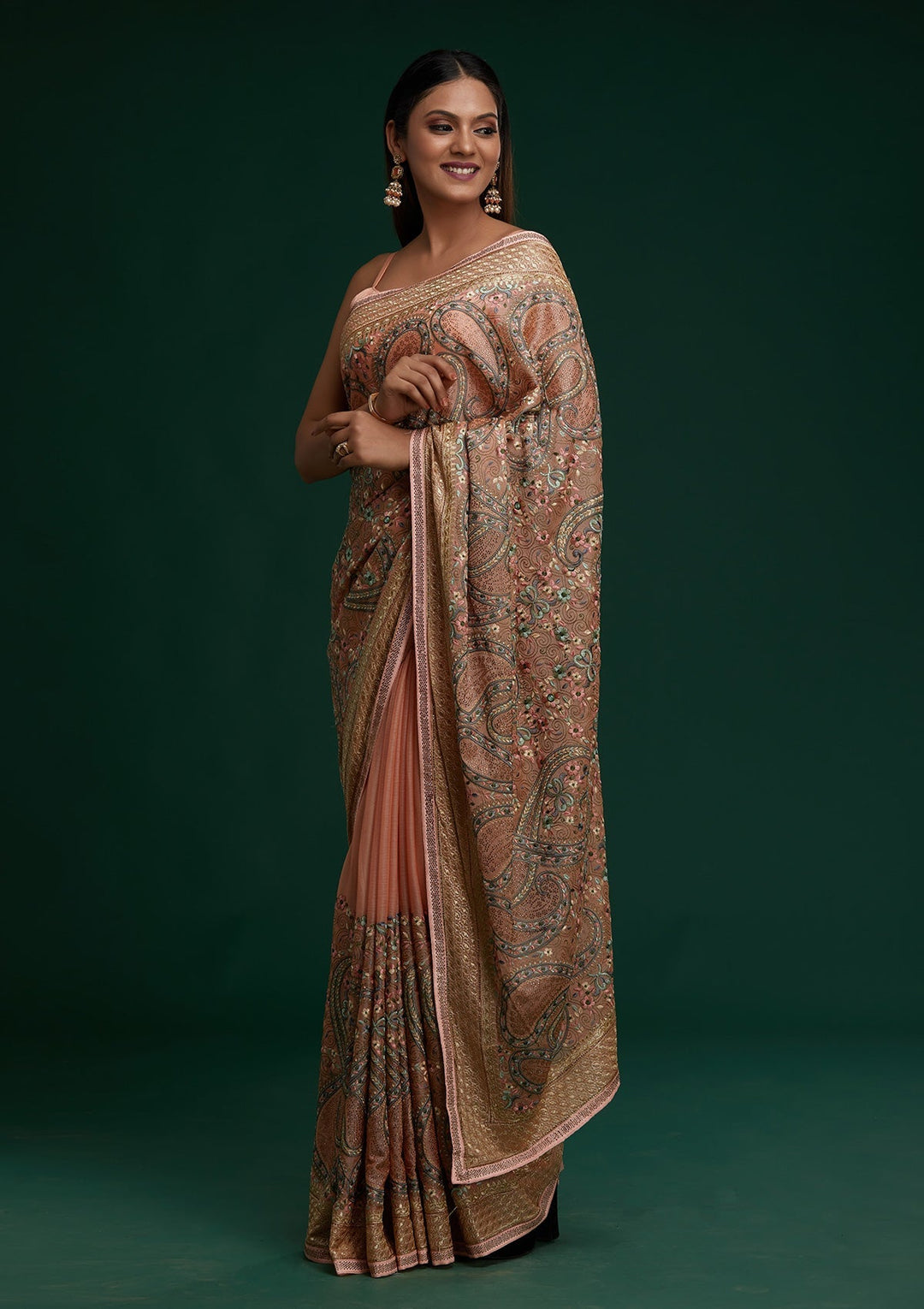 Peach Threadwork Georgette Saree - Koskii