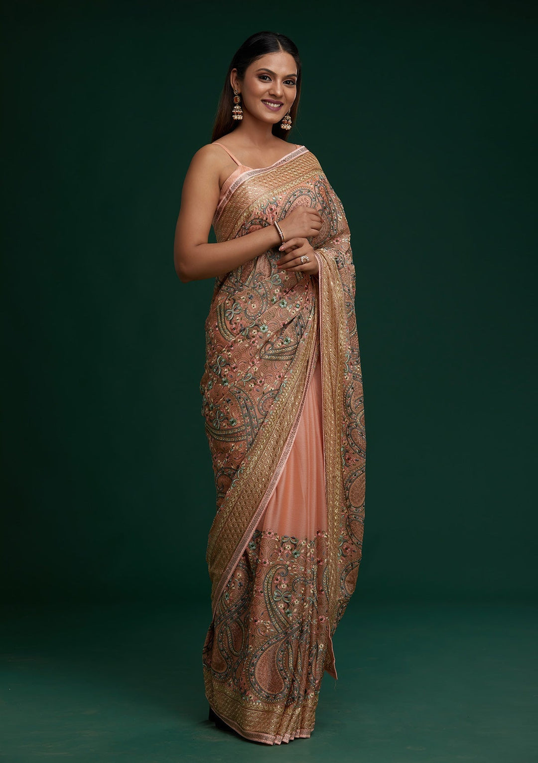 Peach Threadwork Georgette Saree - Koskii
