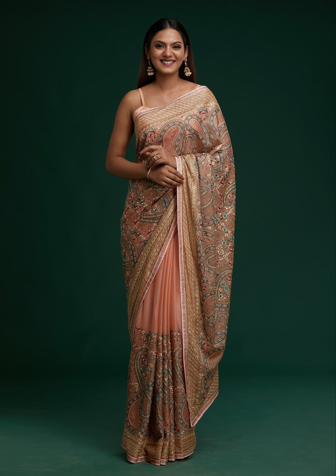 Peach Threadwork Georgette Saree - Koskii