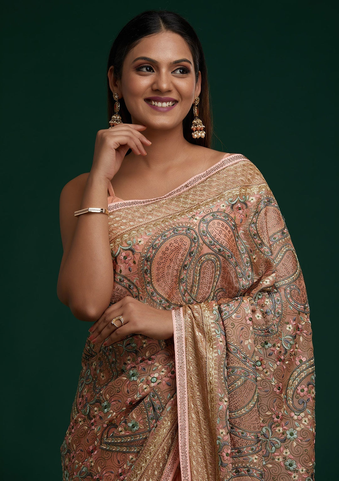 Peach Threadwork Georgette Saree - Koskii