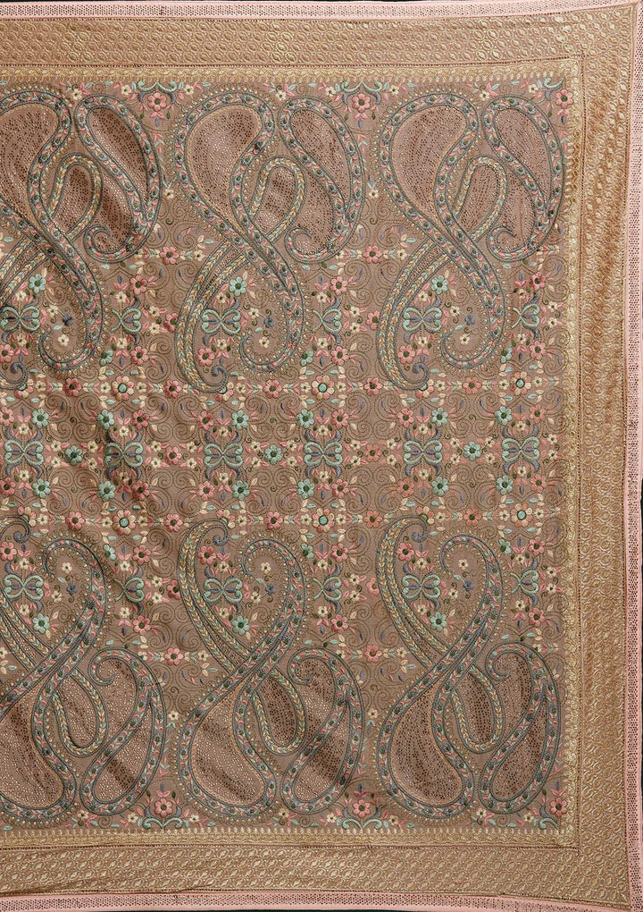 Peach Threadwork Georgette Saree - Koskii