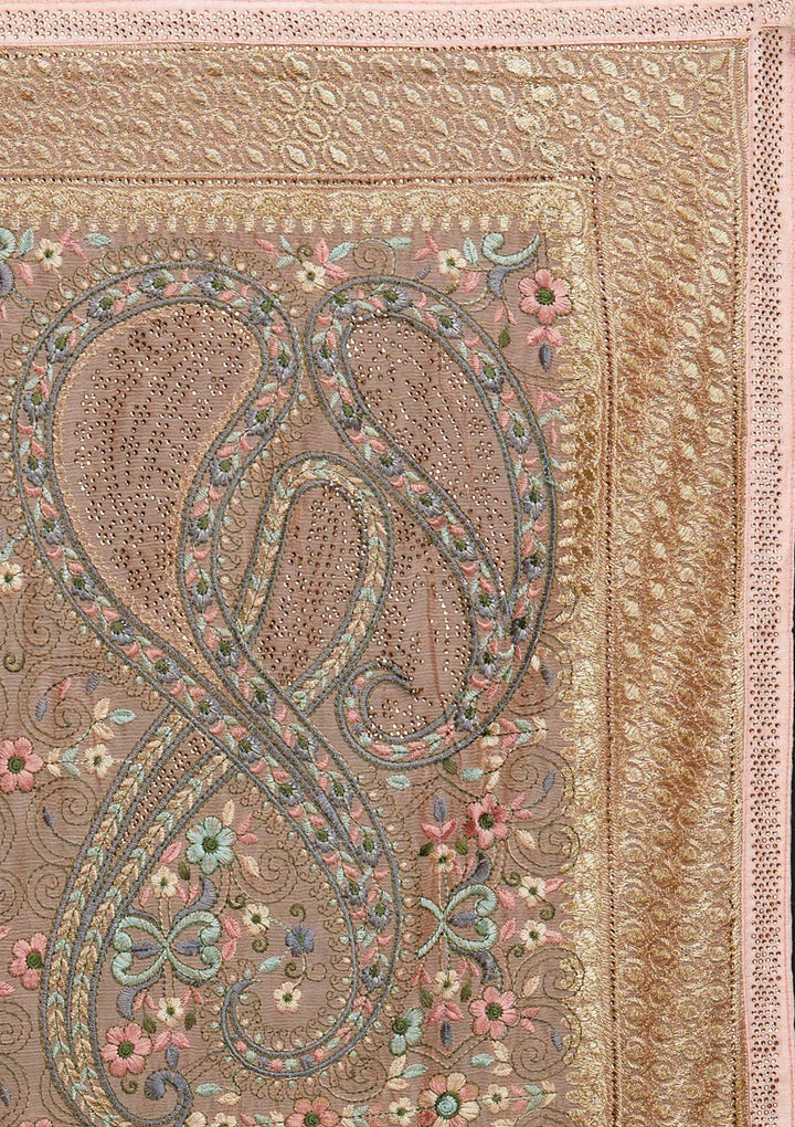 Peach Threadwork Georgette Saree - Koskii