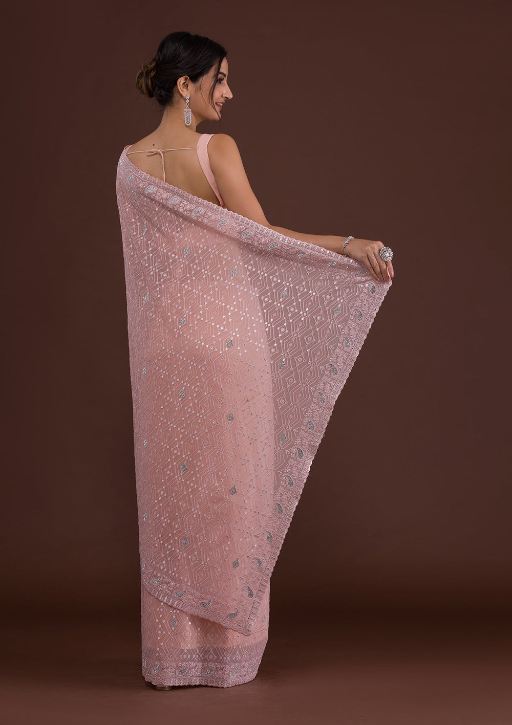 Peach Threadwork Georgette Designer Saree-Koskii