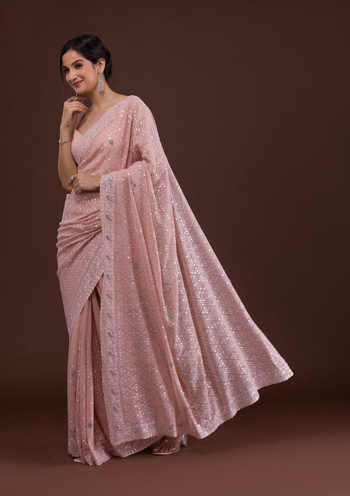 Peach Threadwork Georgette Designer Saree-Koskii